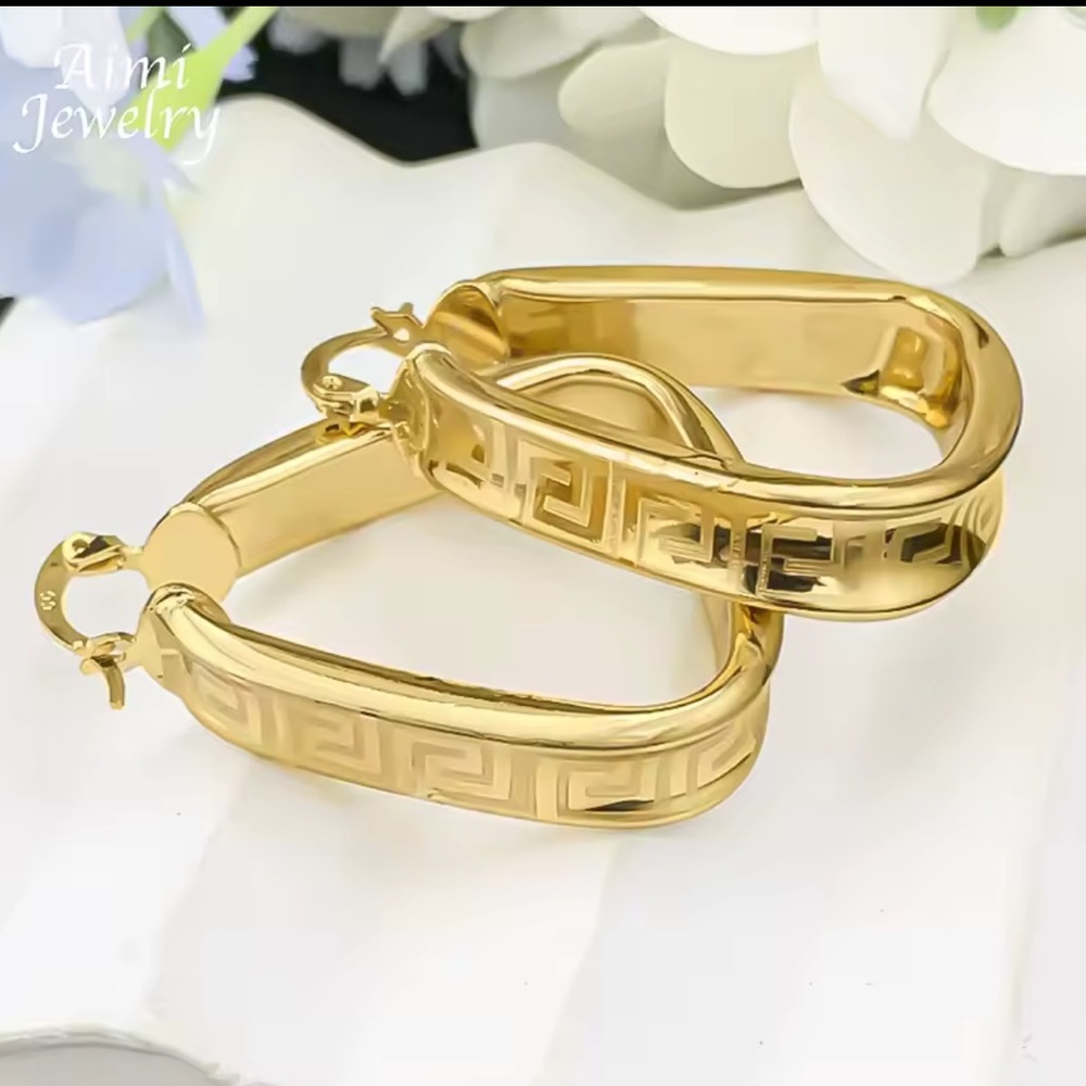 Greek Key Meander Pattern Gold Hoops - Picture 2 of 16